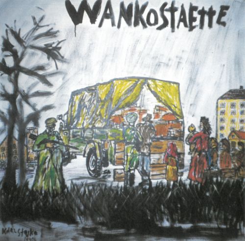 Painting with a truck, armed soldiers and people with children