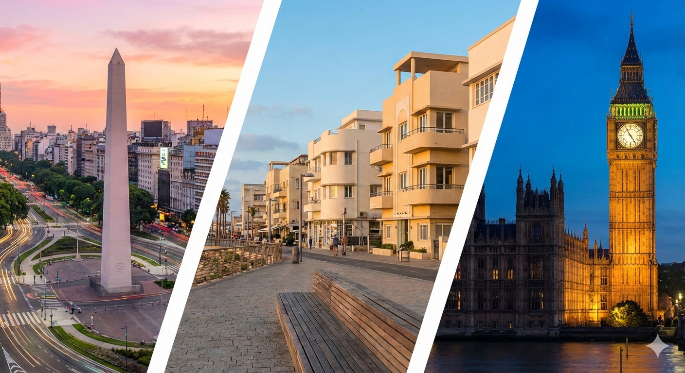 KI generiertes Bild mit Wahrzeichen von Buenos Aires, Tel Aviv und London